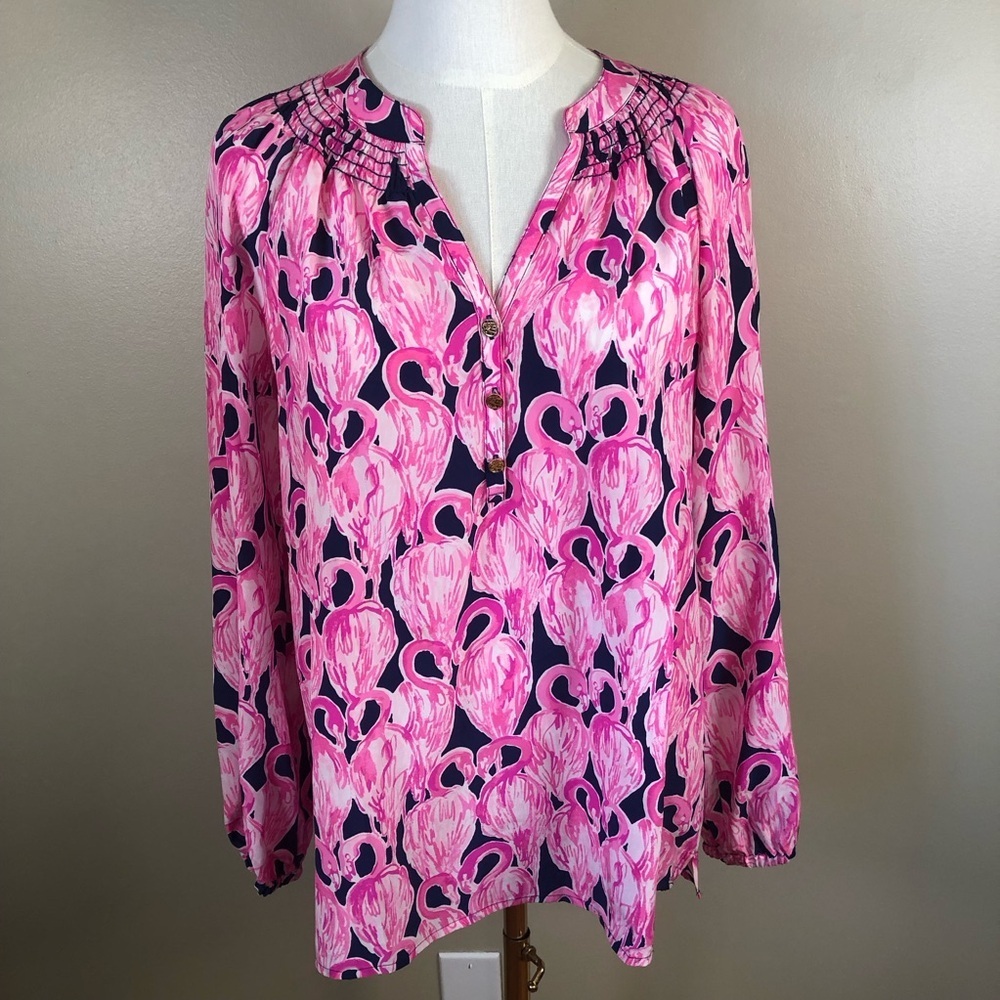 Lilly Pulitzer 100% Silk Pink & Black Long Sleeve Blouse w/ Mandarin Collar Sz S
